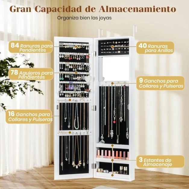 Armário Jóias com espelho de corpo inteiro 31,5 x 9,5 x 110 cm com espelho de maquilhagem interior com ganchos e prateleiras Branco