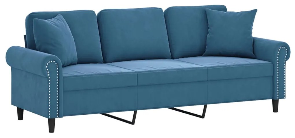 Sofá 3 lugares c/ almofadas decorativas 180 cm veludo azul