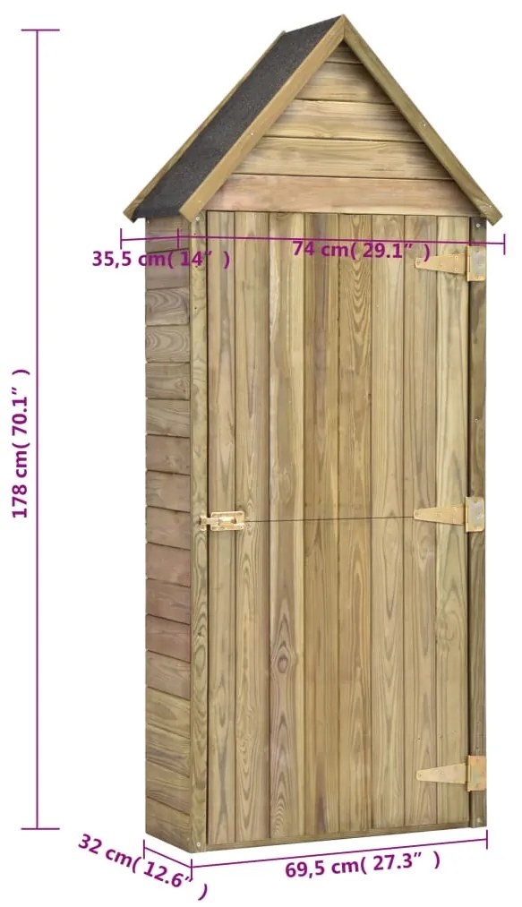 Abrigo ferramentas jardim porta 69,5x32x178cm pinho impregnado