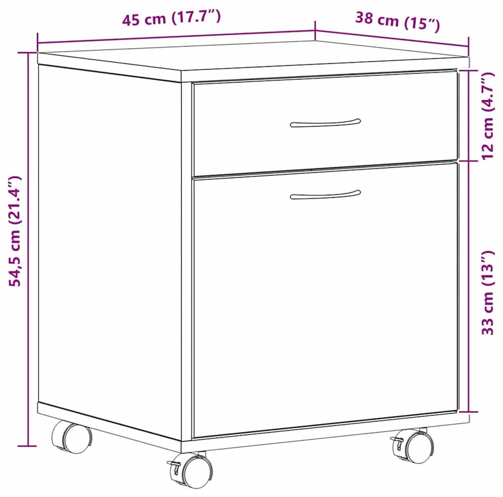 Armário em Rolling vidaXL Carvalho Preto 45x38x54 cm Madeira engenheir