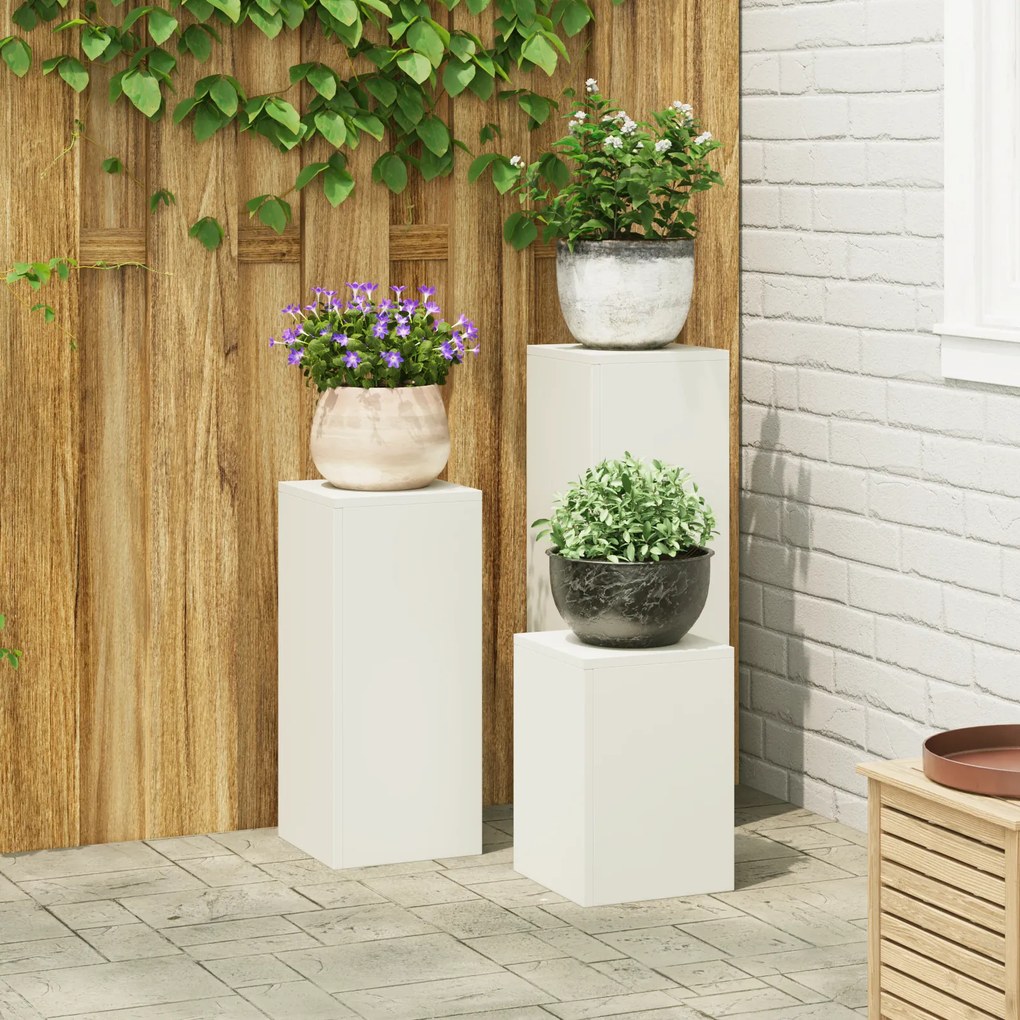 vidaXL Suportes para Plantas Externas Pilar 3 pcs Branco Aço