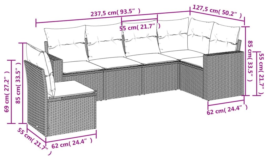 6 pcs conjunto sofás de jardim com almofadões vime cinzento