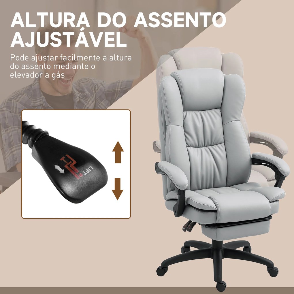 Cadeira de Escritório com Altura Ajustável 6 Pontos de Massagem e Apoio para os Pés Retrátil 68,5x68,5x113-121 cm Cinza