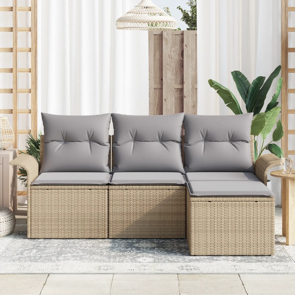 Conjunto de Sofás de Jardim de 4 Peças com Almofadas Bege Rattan