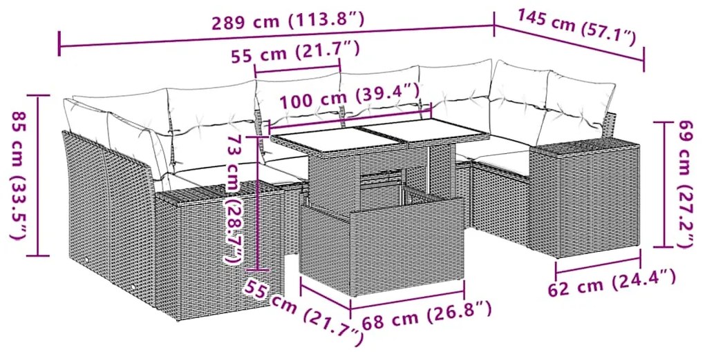 8 pcs conjunto sofás de jardim com almofadões vime PE preto