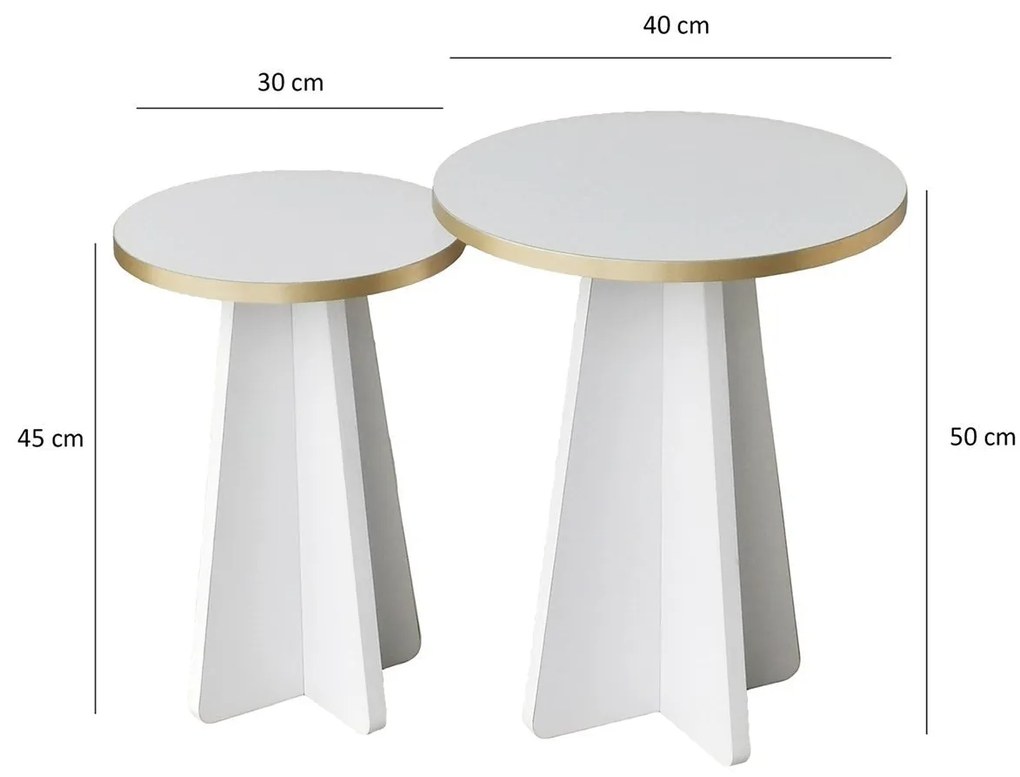 Conjunto de Mesas de Café Mushroom - Dourado e Branco - 40x50x40 cm e