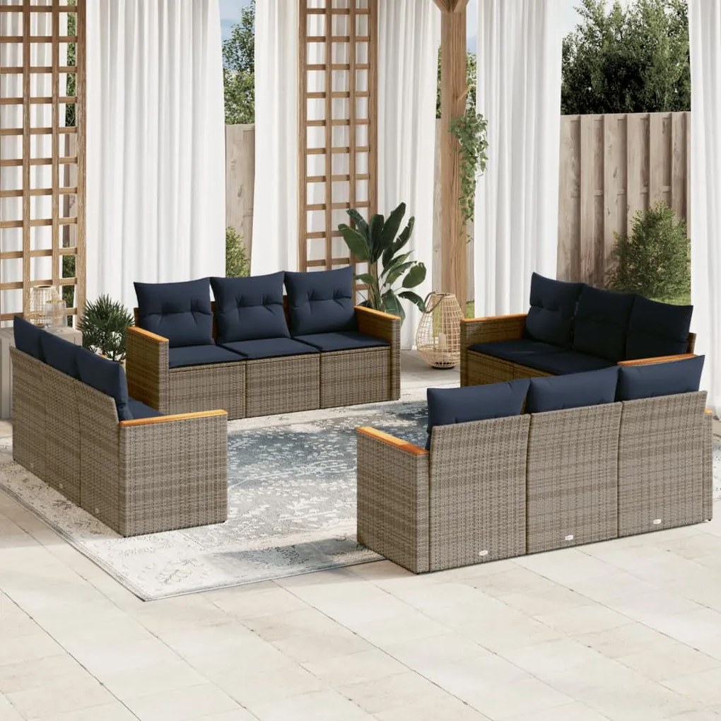 vidaXL 12 pcs conjunto sofás p/ jardim c/ almofadões vime PE cinzento