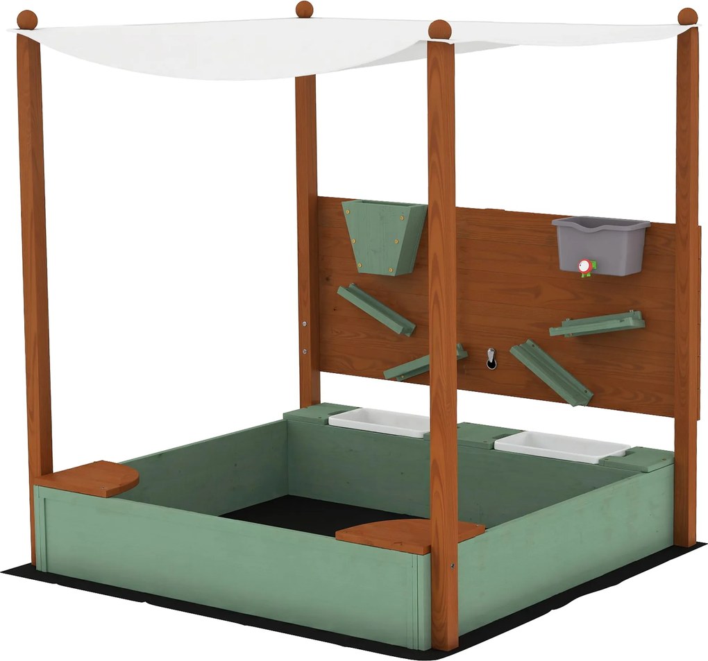 AIYAPLAY Caixa de Areia para Crianças de Madeira com Teto 2 Assentos 2 Caixas Torneira Funil 116x112,5x128 cm Verde | Aosom Portugal