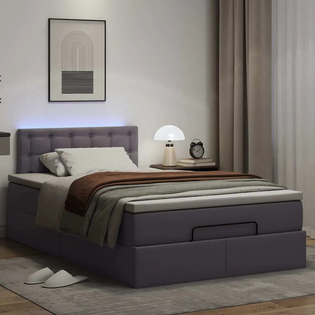 Estrutura de cama otomana com colchão cinza couro falso
