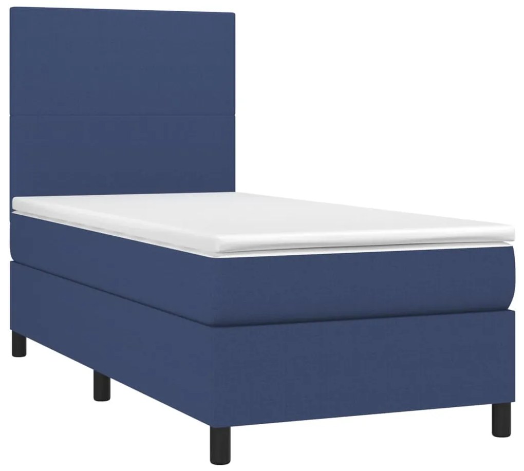 Cama box spring c/ colchão e LED 100x200 cm tecido azul