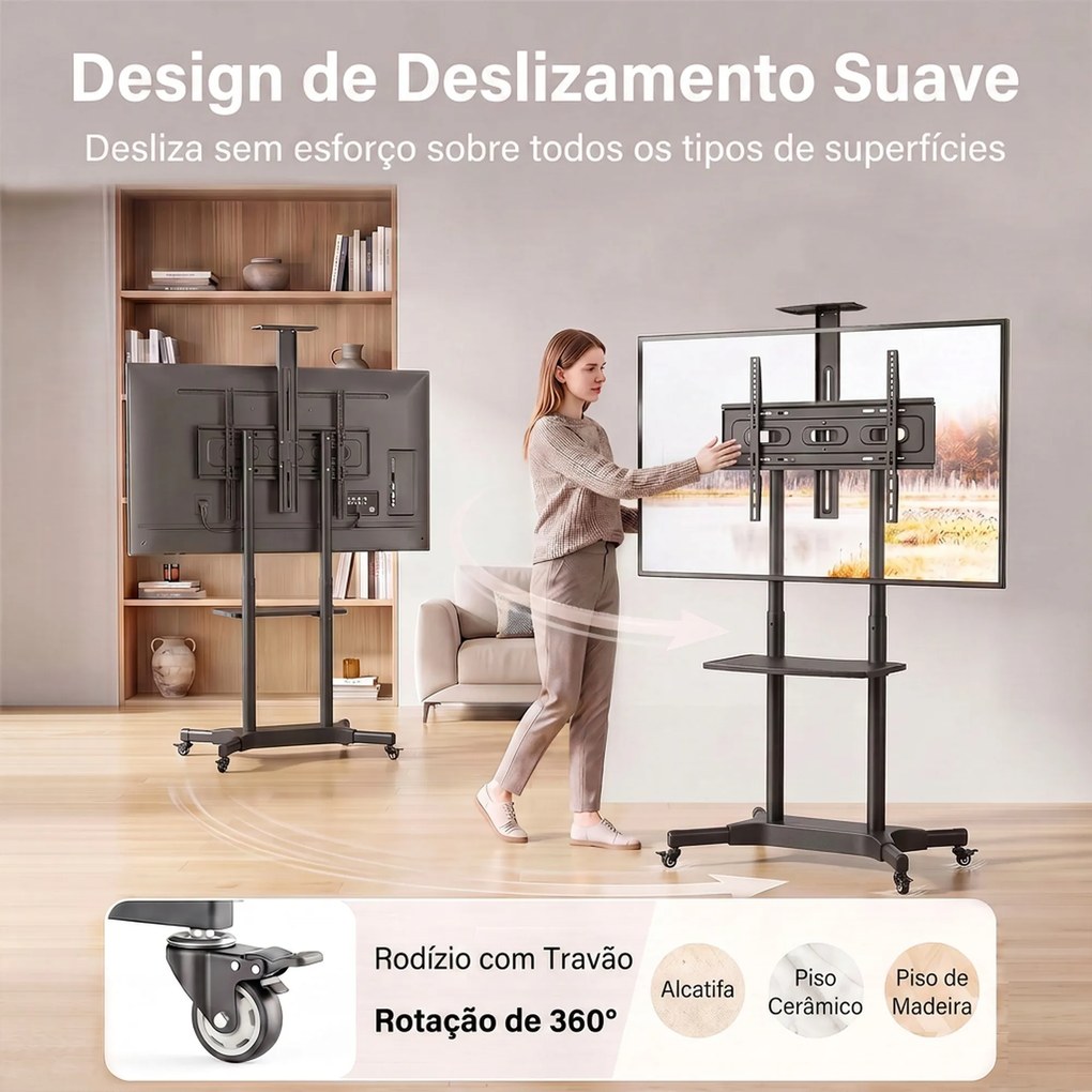 Suporte para TV com Rodas para Televisores de 32-75 Polegadas, Altura Ajustável, Rodas com Travão, VESA máx. 400 x 600 mm