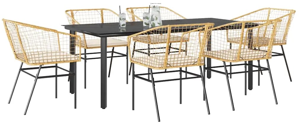 Conjunto jantar jardim 7 peças almofadas vidro vime PE castanho