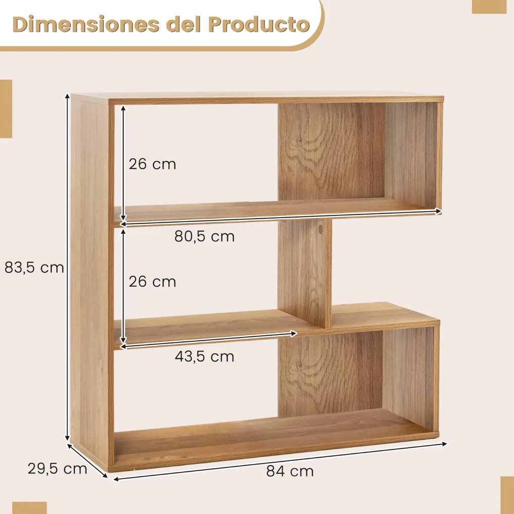 Estante Aberta 84 x 29,5 x 83,5 cm com 3 Prateleiras Estante Livros Sala Quarto Estúdio Escritório Natural