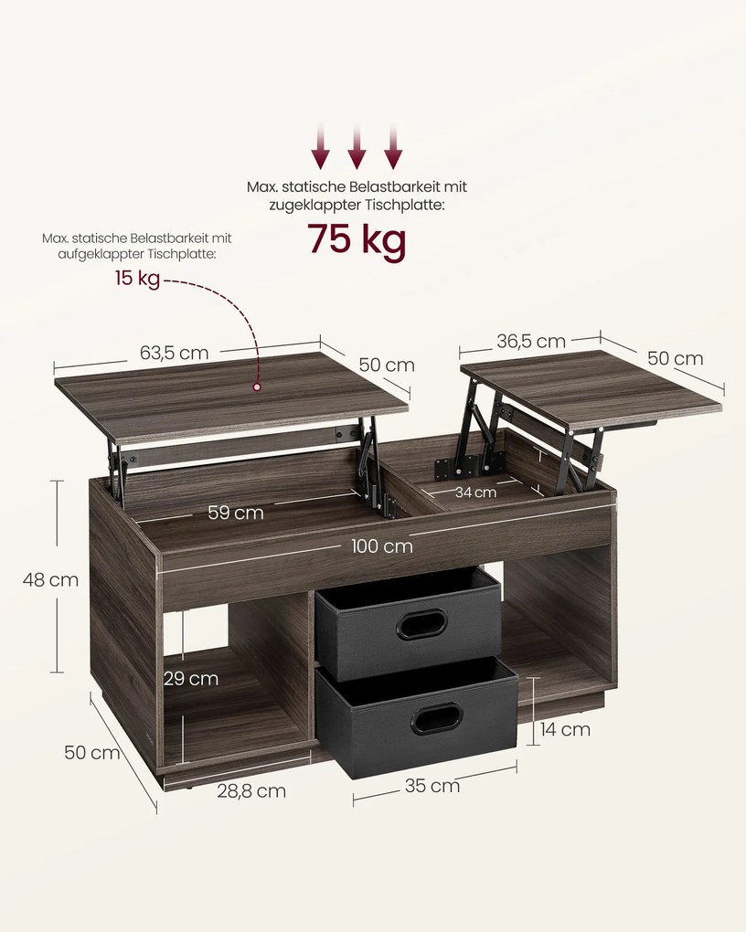 Mesa de centro com 2 gavetas e compartimentos 50 x 100 x 48 cm/62,3 cm Cinza
