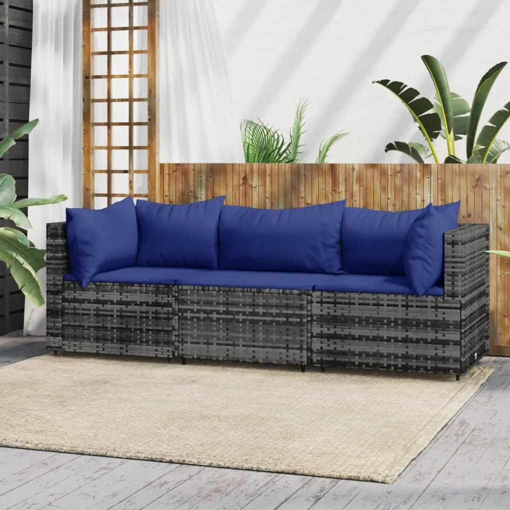 3 pcs conjunto lounge de jardim c/ almofadões vime PE cinzento