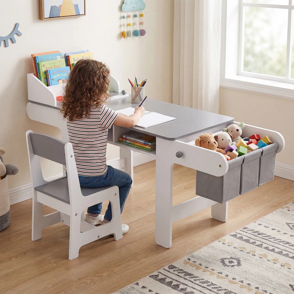 Conjunto de Mesa de Arte Infantil e Cadeira, 136 x 45,5 x 67 cm, Rolo de Desenho, Cinzento+Branco