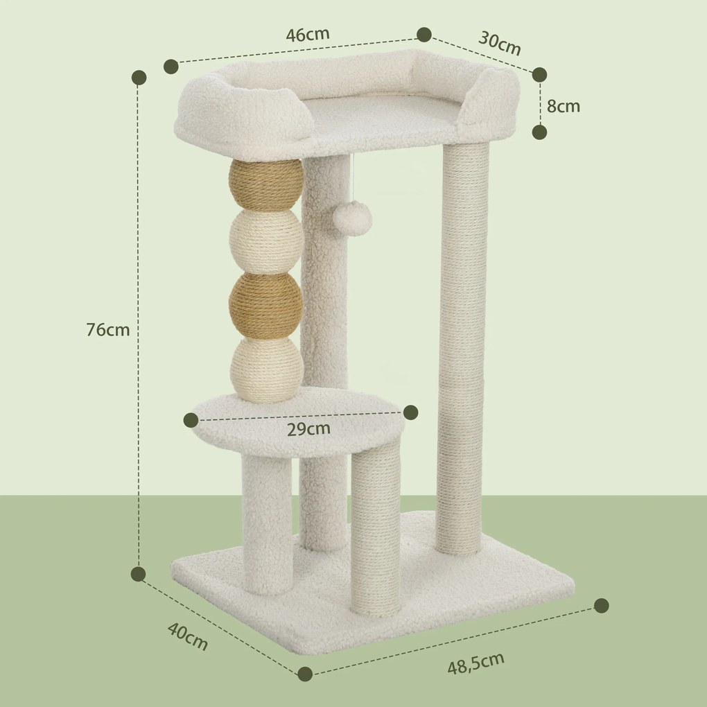 Arranhador para Gatos com Estofado em Borrego Plataformas Bola Suspensa e Poste de Juta 48,5x40x76 cm Bege