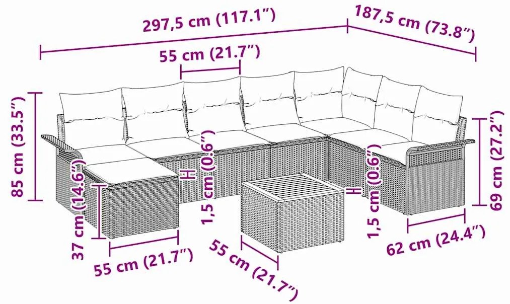 Conjunto de Sofás de Jardim com 9 Peças e Almofadas Rattan Poliéster P