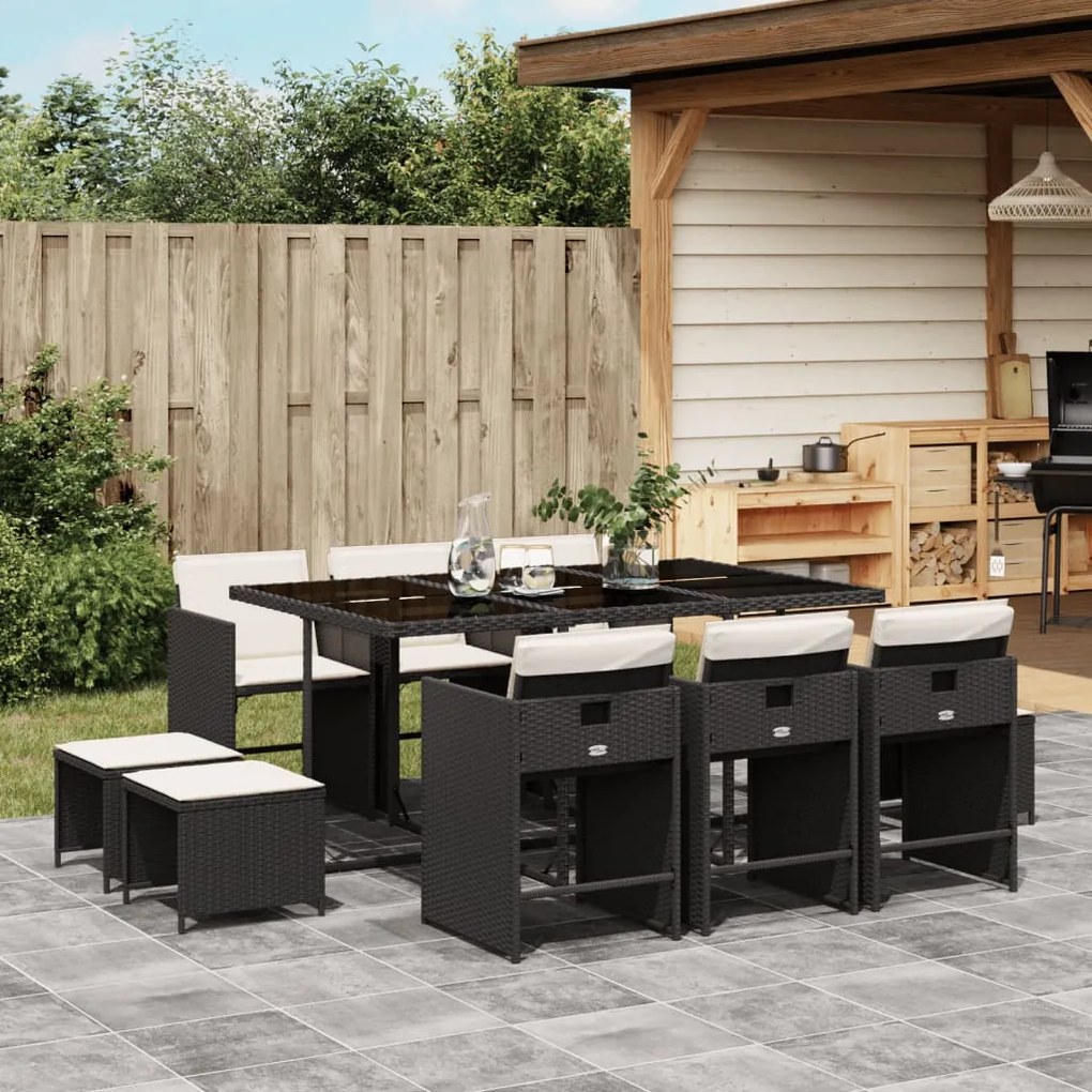 11 pcs conjunto de jantar p/ jardim c/ almofadões vime PE preto