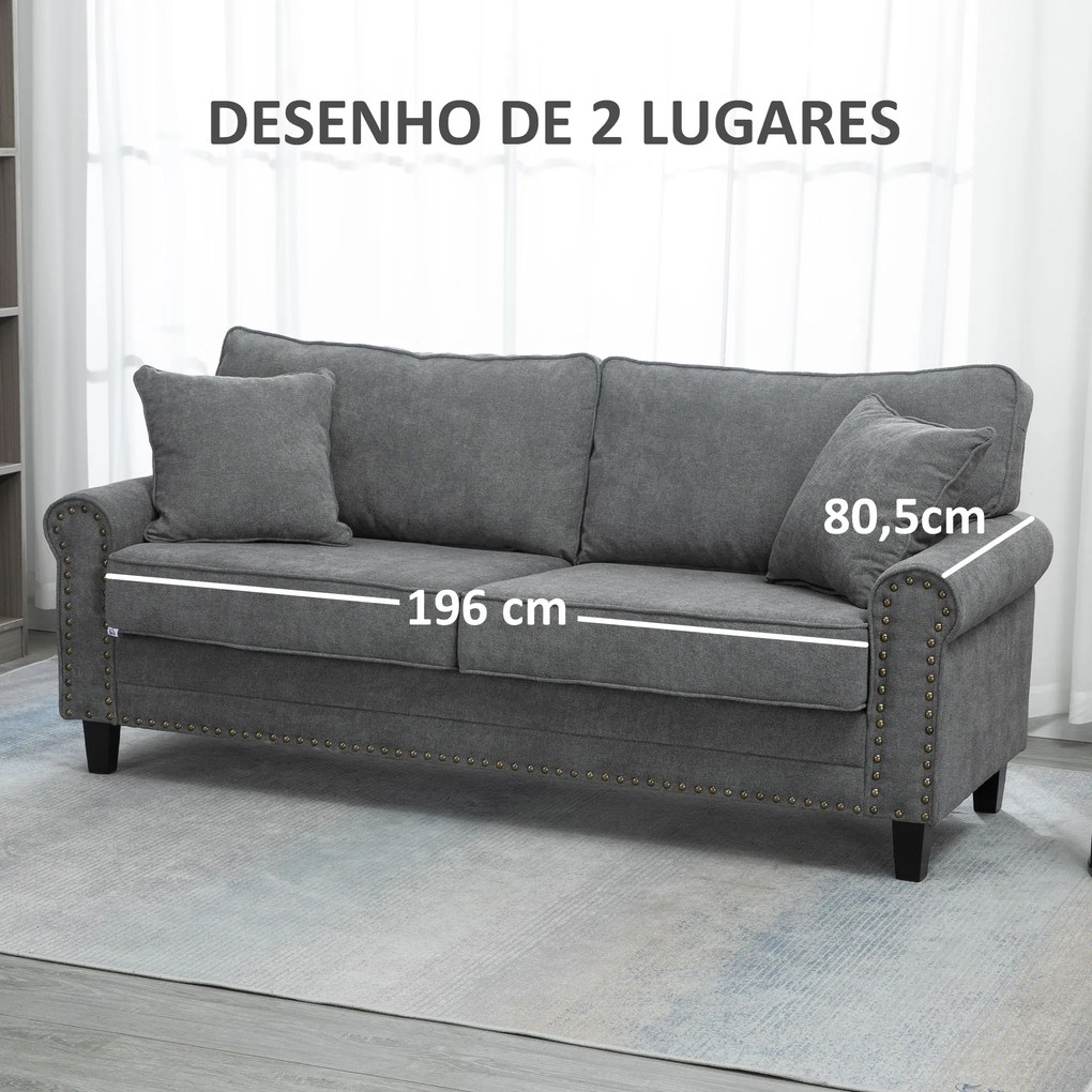 HOMCOM Sofá de 2 Lugares Sofá de Sala de Estar Moderno Estofado em Poliéster com 2 Almofadas Pés de Madeira de Borracha 196x80,5x89cm Cinza