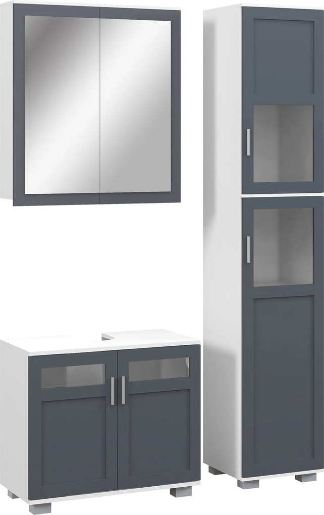 kleankin Conjunto de Coluna de Casa de Banho Armário com Espelho e Móvel para Lavatório com Portas de Vidro Branco e Cinza | Aosom Portugal