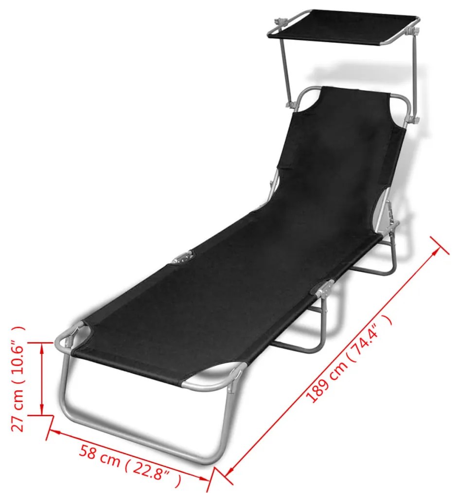 Espreguiçadeira dobrável com toldo aço e tecido preto