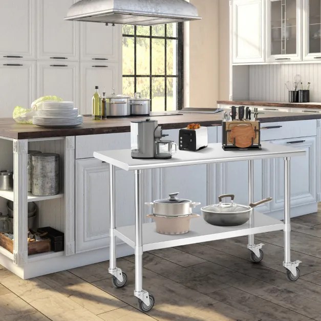 Mesa de preparação cozinha aço inoxidável com 4 rodas pernas galvanizadas prateleira ajustável para cozinha 122 x 61 x 89 cm Prateado