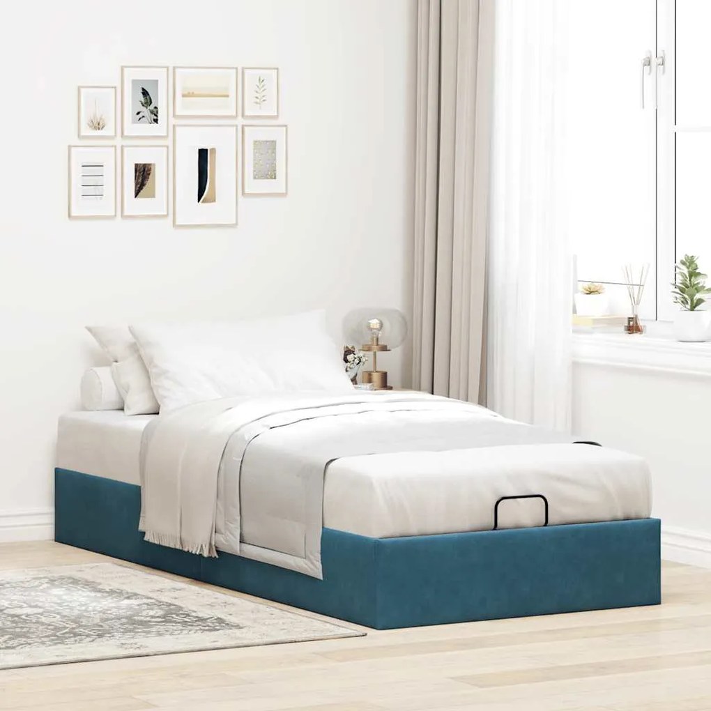 Ottoman Bed Frame No Colchão Azul Escuro 90x200 cm Veludo