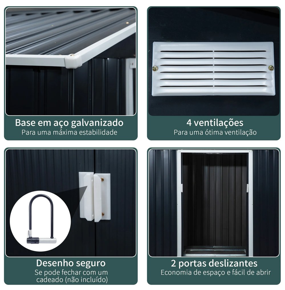Abrigo de Jardim 213x130x185cm Abrigo de Jardim Metálico de Exterior com 2 Portas Deslizantes e 4 Janelas Cinza Escuro