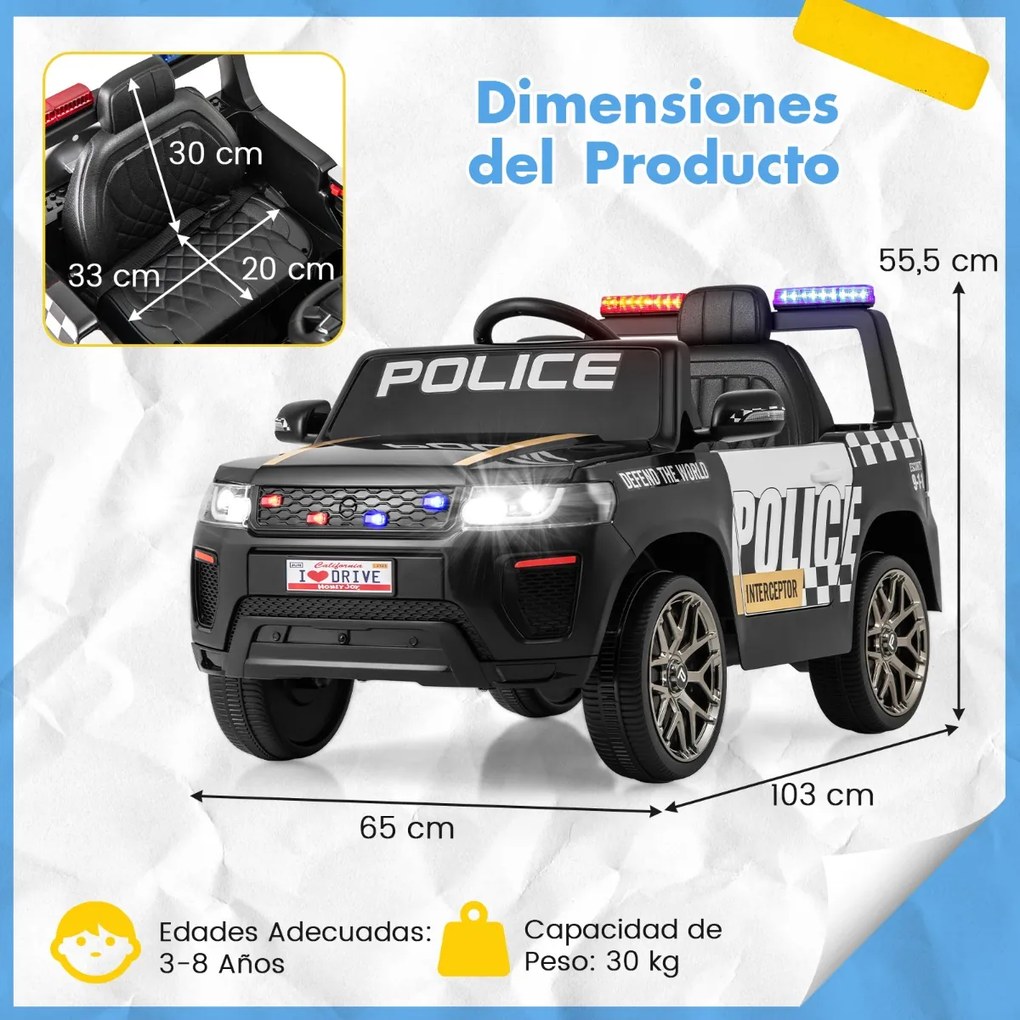 Carro de Polícia Carro Elétrico com Bateria de 12V 7A Controlo Remoto Ligação Sem Fios Música Sirene e Luz LED Intermitente Preto