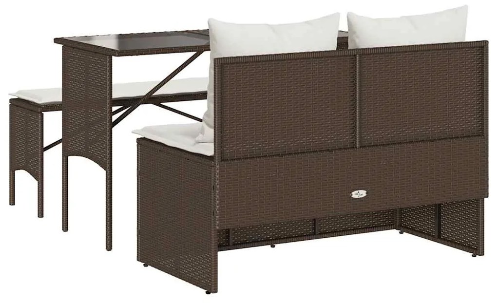 3 pcs conjunto jantar p/ jardim c/ almofadões vime PE castanho