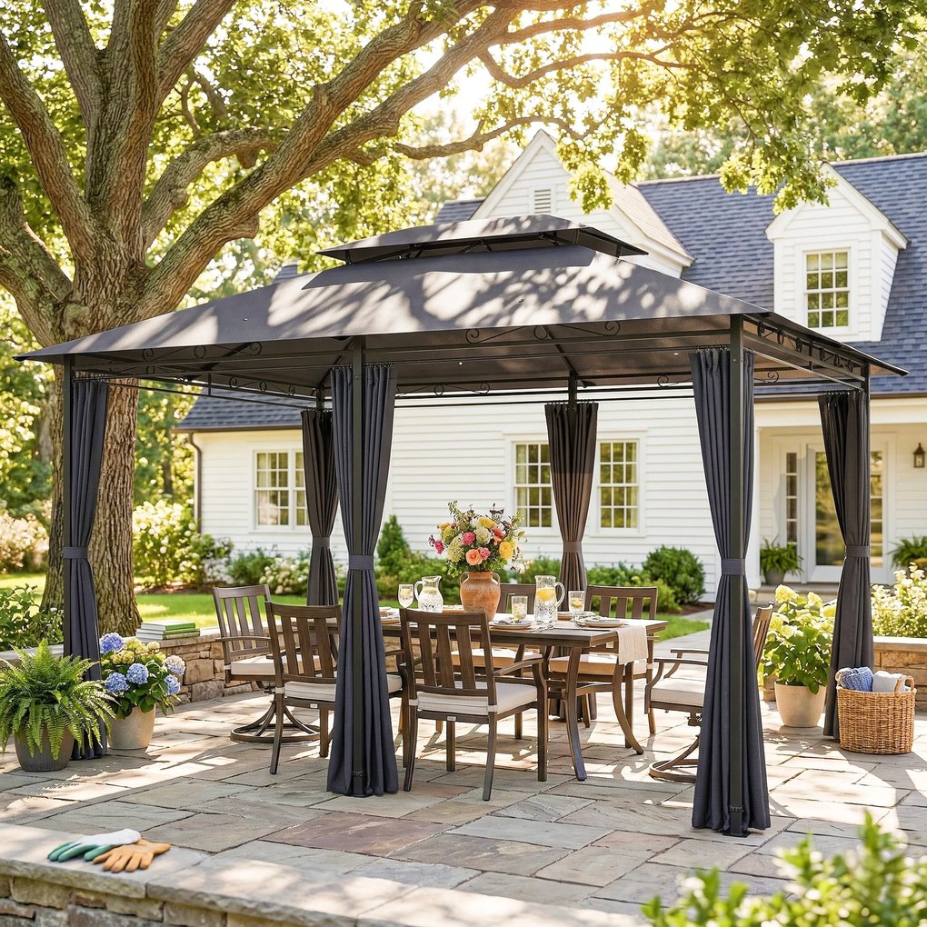 Pérgola de Jardim 3x4 m com Teto Duplo 6 Paredes Laterais Estrutura Metálica Drenagem Pérgola para Exterior  Cinzento