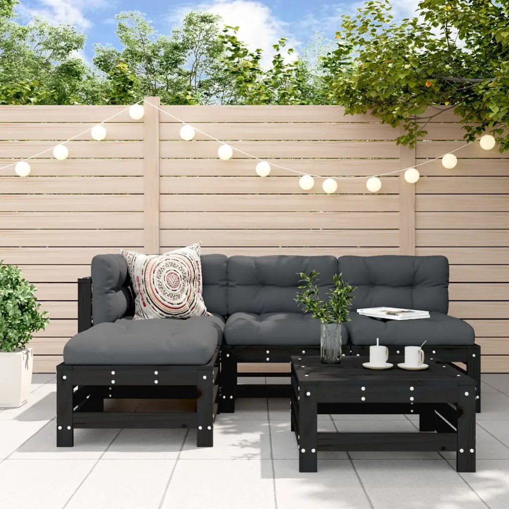vidaXL 5pcs conjunto lounge jardim com almofadões madeira maciça preto