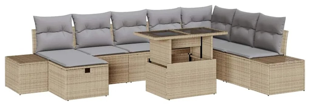 Conjunto de Sofás de Jardim de 9 Peças com Almofadas Bege em Rattan Si
