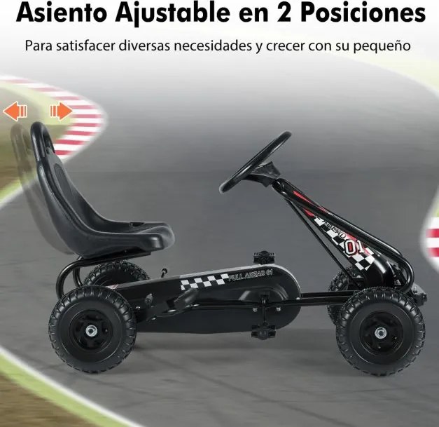 Karts a pedais para crianças com 4 rodas antiderrapantes, assento envolvente e travão de mão, 92 x 50 x 53 cm, preto.