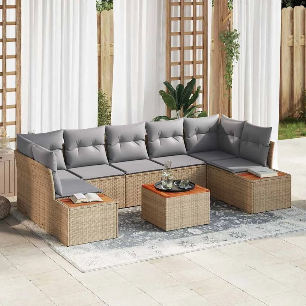 vidaXL Conjunto de Sofá de Jardim 8 Peças com Almofadas Bege em Rattan Sintético e Acácia