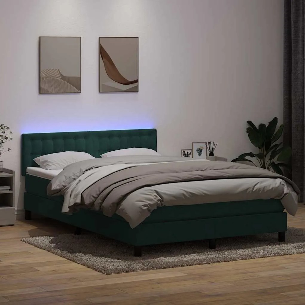 vidaXL Cama box spring c/ colchão e LED 160x220 cm veludo verde-escuro