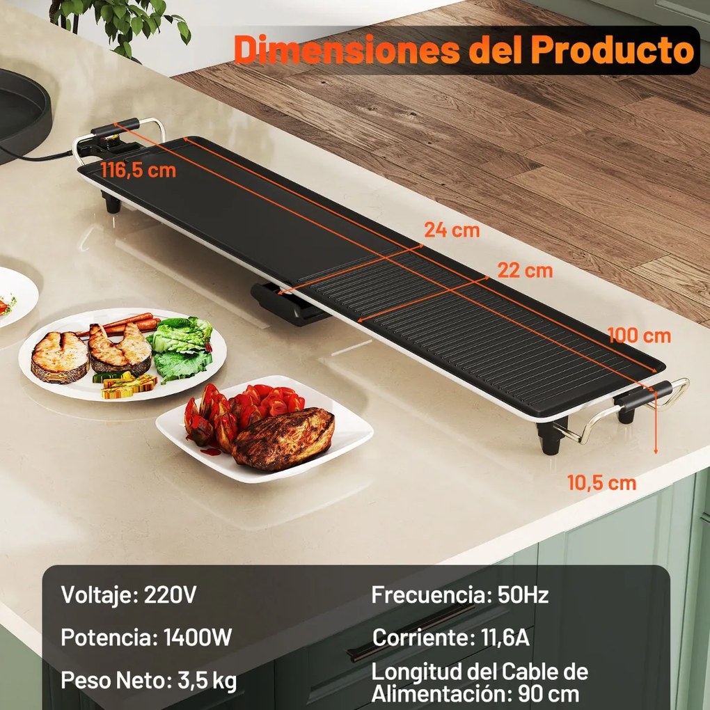 Grelhador elétrico Grelha com 2 superfícies de cozedura Termostato de 4 níveis 116,5 x 24 x 10,5 cm Preto