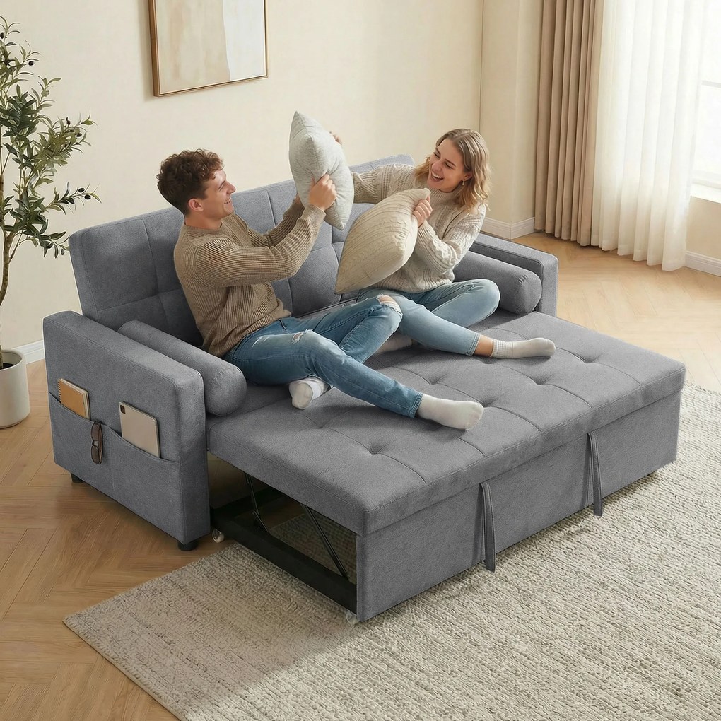 Sofá-Cama 2 Lugares 3 em 1 Deslizante em Tecido Linho com Encosto Ajustável Bolsos 2 Almofadas para Sala de Estar Cinza