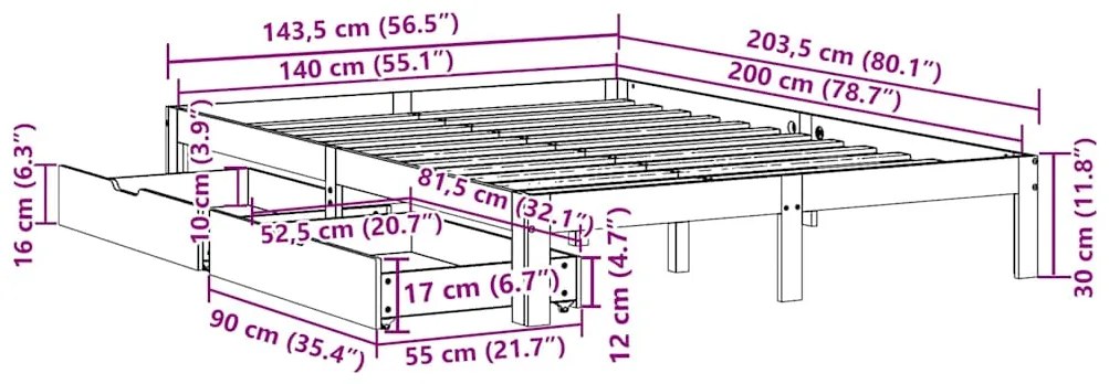 Estrutura cama c/ gavetas 140x200 cm pinho maciço castanho-mel