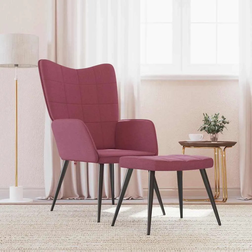 vidaXL Cadeira de descanso com banco tecido vermelho tinto