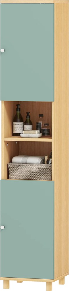 Móvel de casa de banho 30 x 30 x 166 cm, móvel de arrumação com 2 armários, 2 compartimentos abertos e prateleiras ajustáveis, verde