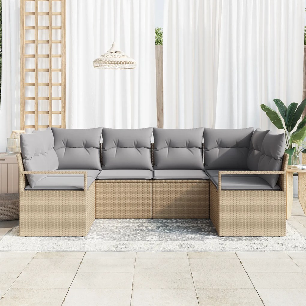 Conjunto de Sofá de Jardim de 6 Peças com Almofadas Bege Rattan PE