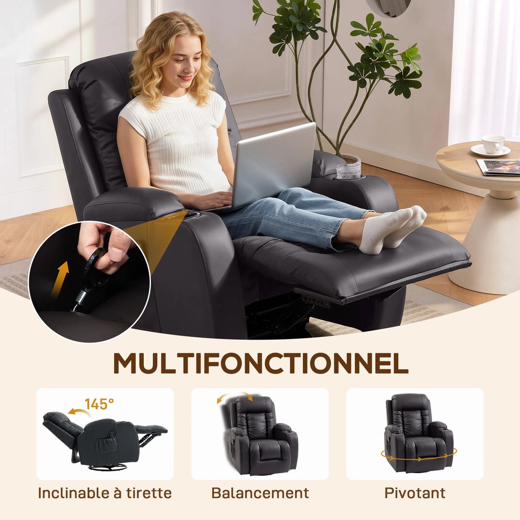 Cadeira reclinável com massagem e aquecimento, cadeira de relaxamento, encosto ajustável, giratória a 360°, 82 x 99 x 103 cm, castanho