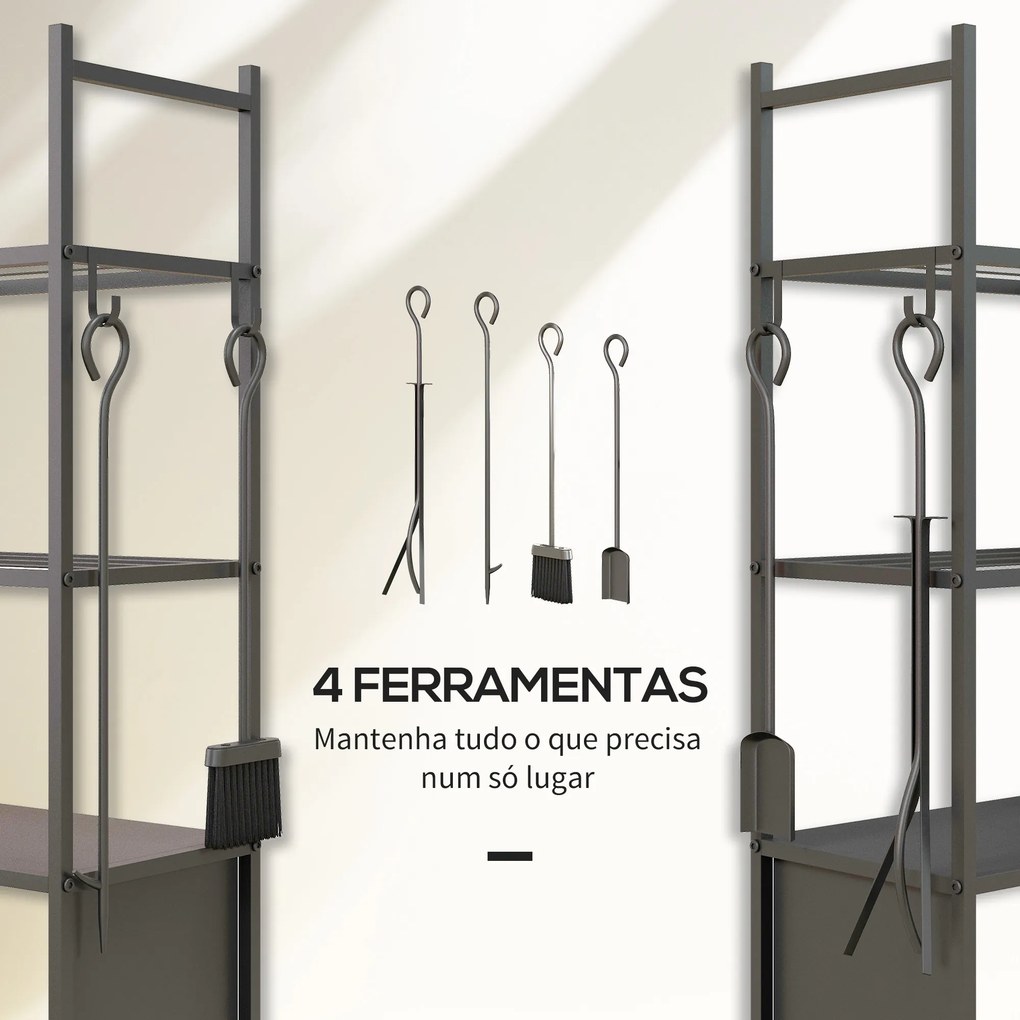 Suporte para Lenha com Rodas de 4 Níveis com Pá Escova Atiçador e Tenaz para Interior e Exterior 45x30x118 cm Preto