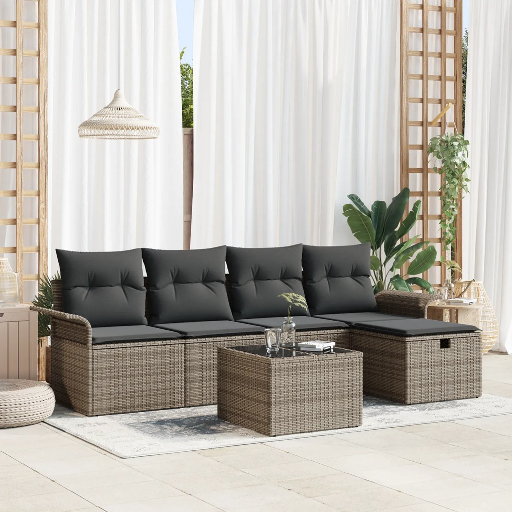 Conjunto de Sofá de 6 Peças com Almofadas Cinza Vime Sintético