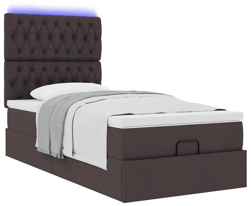Cama otomana com colchão & LEDs 90x200cm tecido castanho escuro