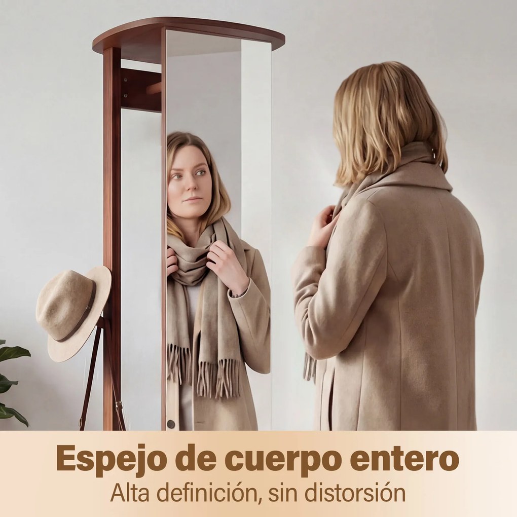 Espelho giratório 3 em 1 com cabideiro, estantes e ganchos – organizador para quarto – 44 x 168 cm – Castanho