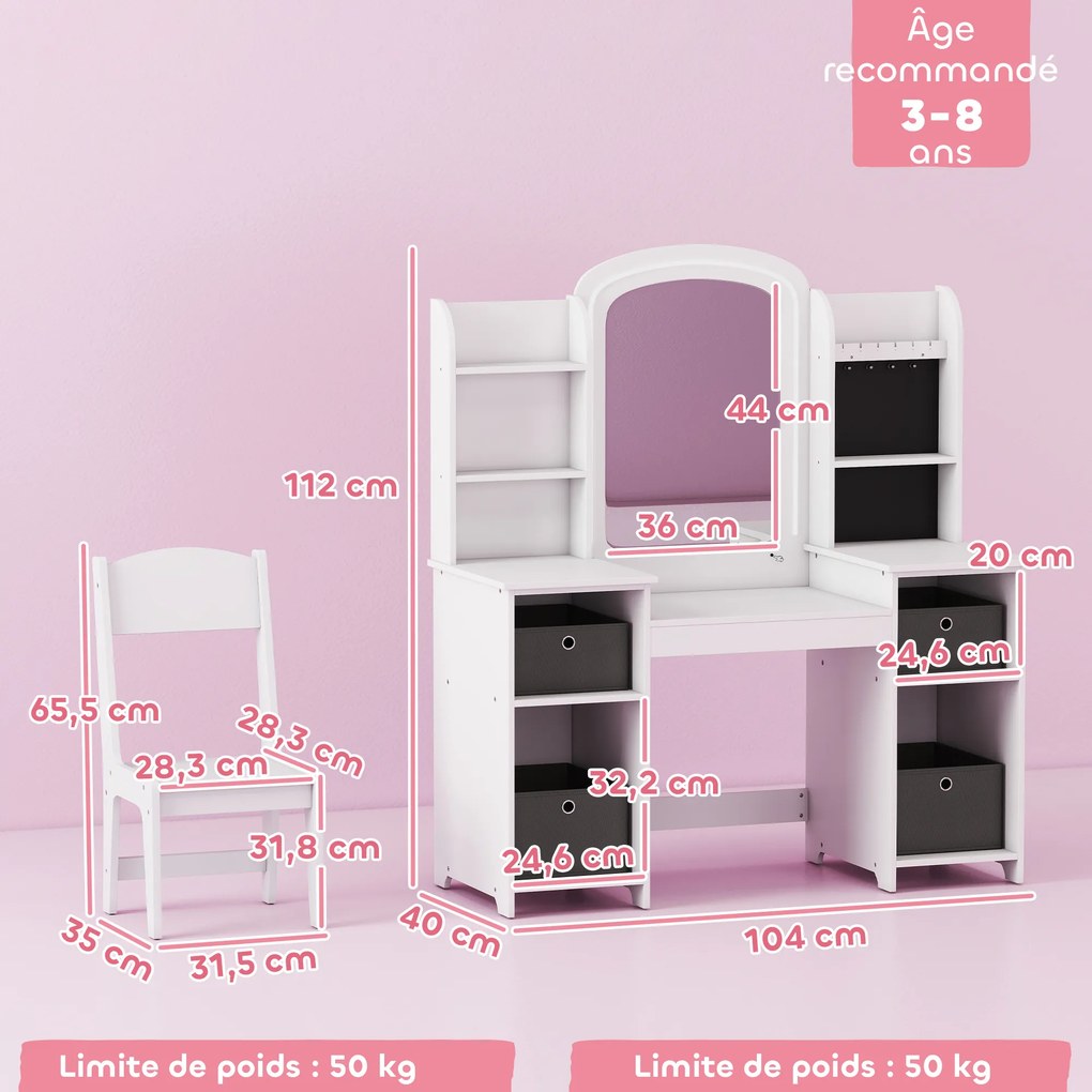 Toucador para crianças com banco e espelho LED 104 x 40 x 112 cm, mesa de maquilhagem para crianças dos 3 aos 8 anos, branca