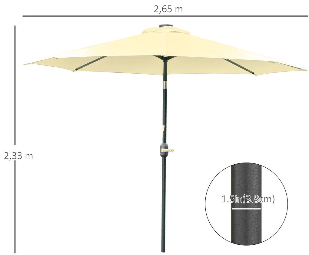 Outsunny Chapéu de Sol com 32 Luzes LED Solares Ø265x233cm Chapéu de Sol Inclinável com Manivela e Mastro de Aço para Terraço Pátio Exterior Bege